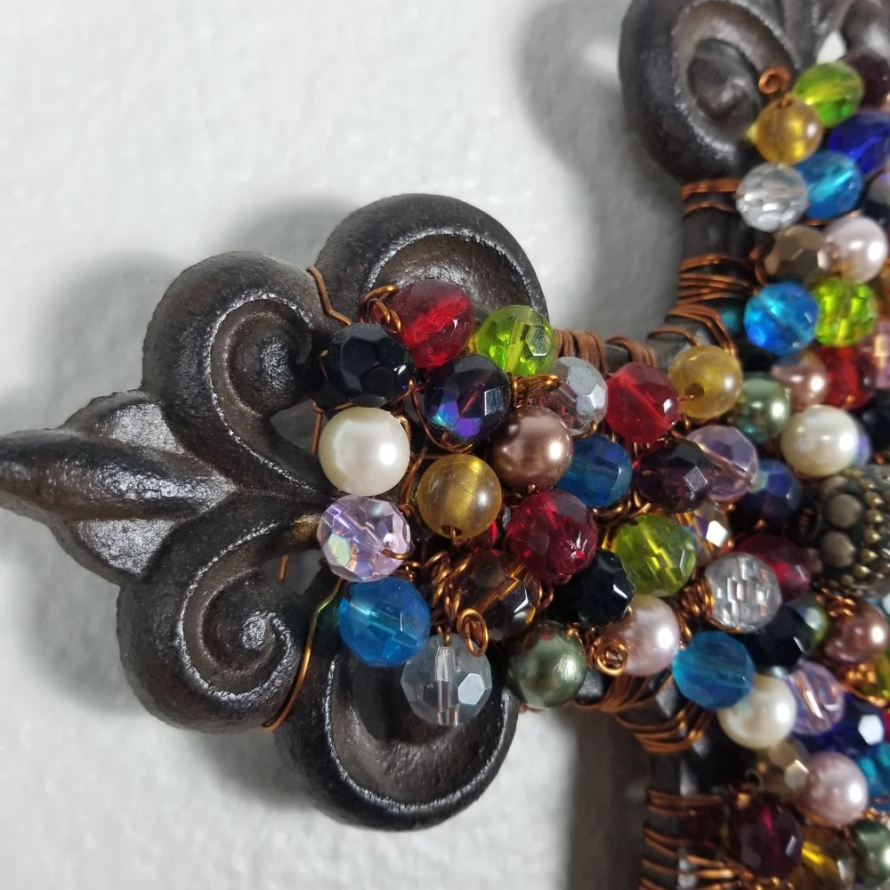Vintage Metal Multi-Colored Beaded Wire Holiday Art Wall Cross Decoration